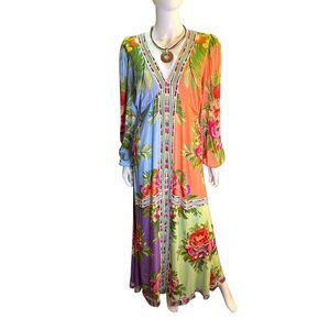 Farm Rio Long Sleeve Multicolor Floral Maxi Dress  V-Neck and Cut Outs Sz S  NWT